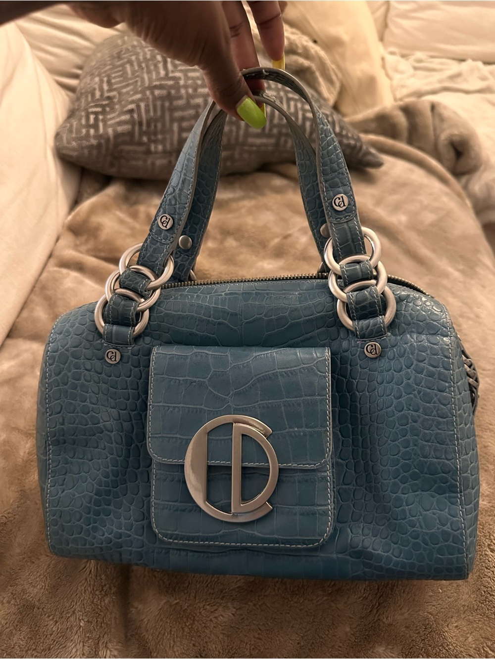 Blue teal vintage croc skin textured leather Charles David handbag